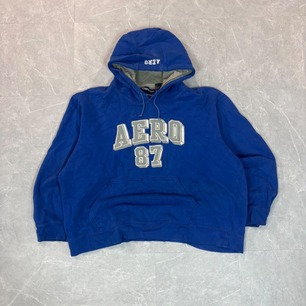 Aeropostale Mens Royal Blue Aero 87 Applique Pullover Hoodie Sweatshirt XXL